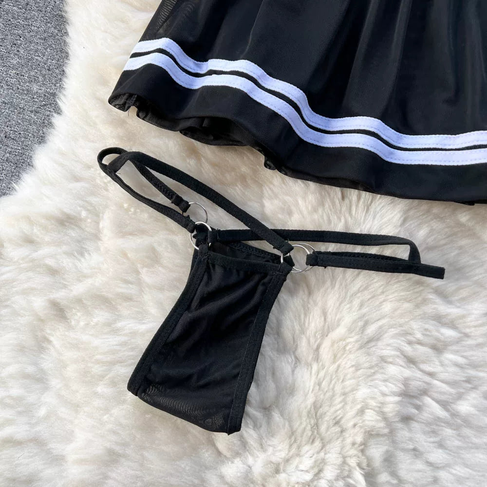 CHILLGIO-Conjunto de pijama con falda de malla transparente para mujer, ropa de dormir, lencería erótica de moda, estilo Preppy japonés