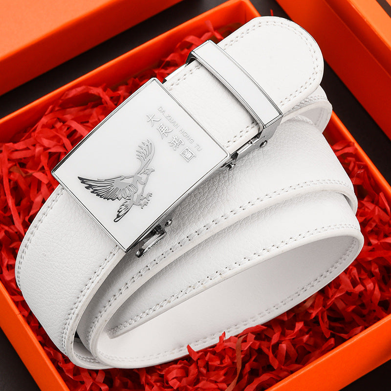Belt Men's Genuine Leather White Automatic Buckle Belt Letter Trendy Personalized Trouser Belt Korean Version Dropshipping Factory Direct Sales