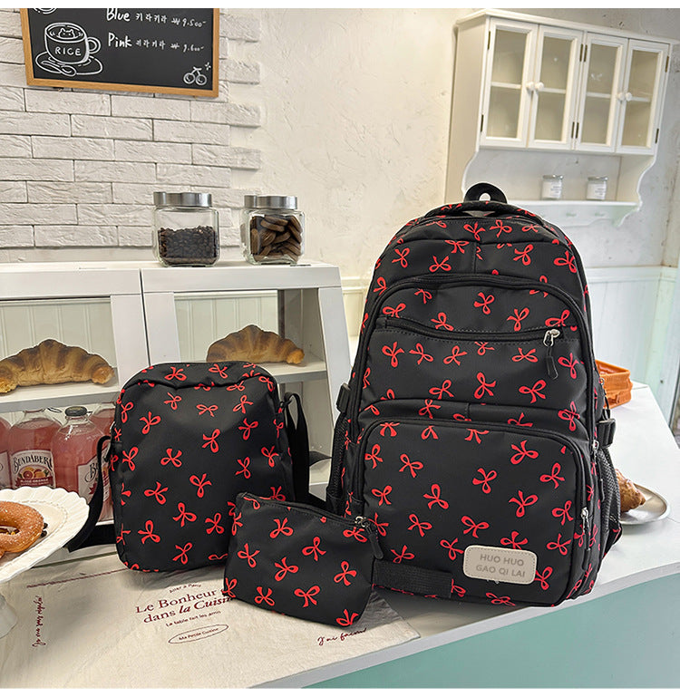 New Girls Backpack Japanese Ins Three-piece Bag Junior Senior high school Student Schoolbag Campus Style Large Capacity Backpack