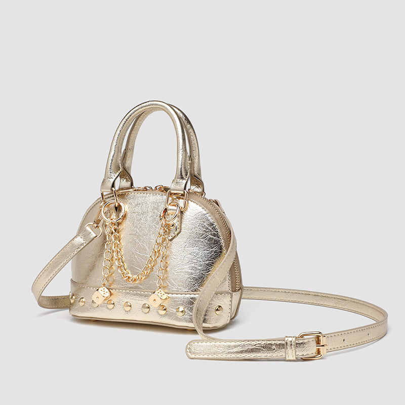 2026 High-End Niche Design Champagne Gold Rivet Handbag Shell-Shaped Small Bag Fashionable Shoulder Crossbody Pillow Bag