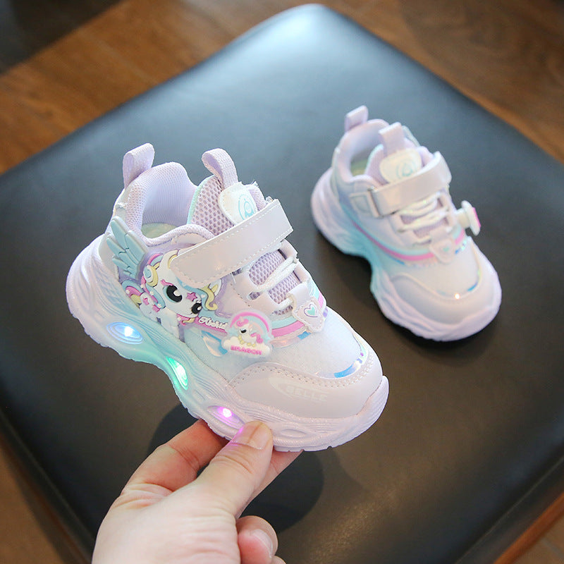 2025 spring and summer new wholesale girls running shoes with lights cartoon mesh fashion hook and loop sneaker for children