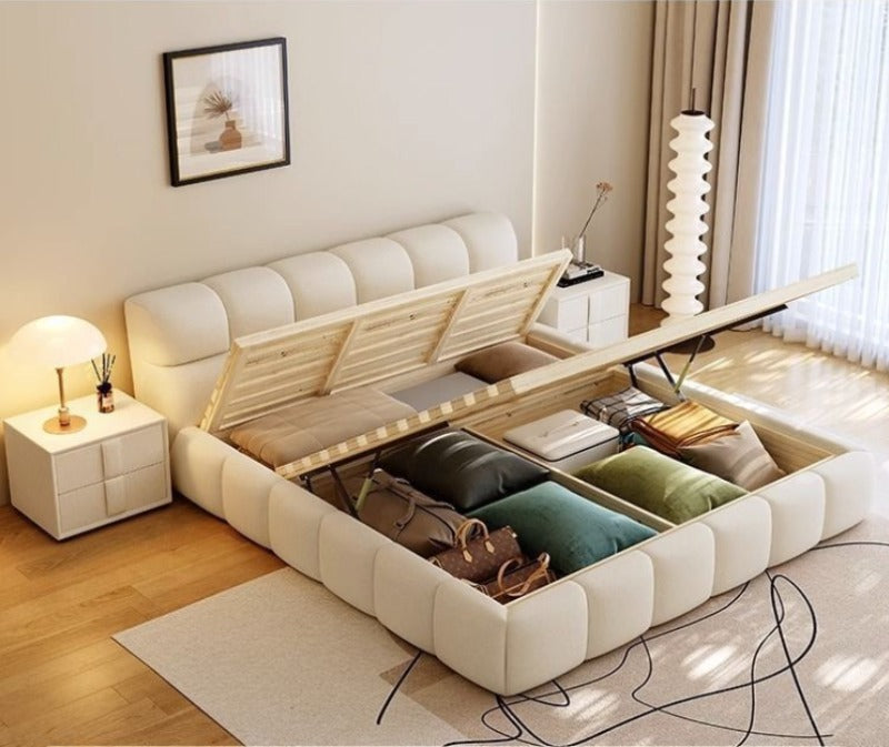 Base de Cama Moderna de Lujo con Diseño de Nube, Cama de Tela Bouclé Suave con Cabecera Acolchada, Cama Tapizada Tamaño Queen, Muebles de Dormitorio