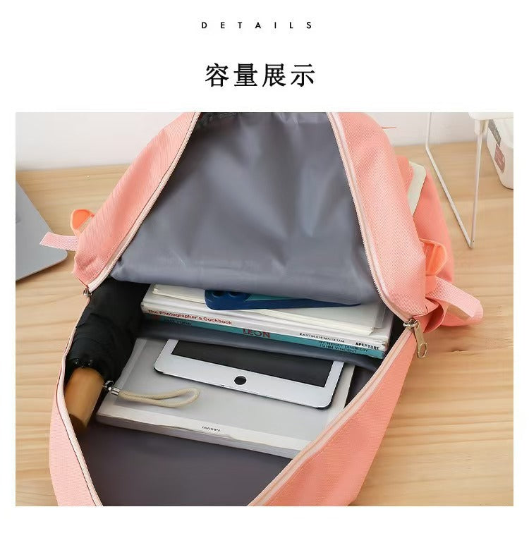 New School Bag Backpack Female Korean Version Canvas Large Capacity Five-Piece Set Middle School Student Backpack Student School Bag Female