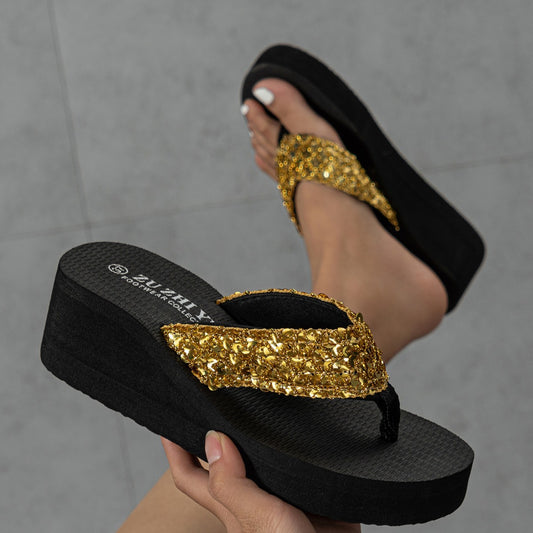 2024 Summer foreign trade cross-border classic sequined wedge sandals Flip Flops