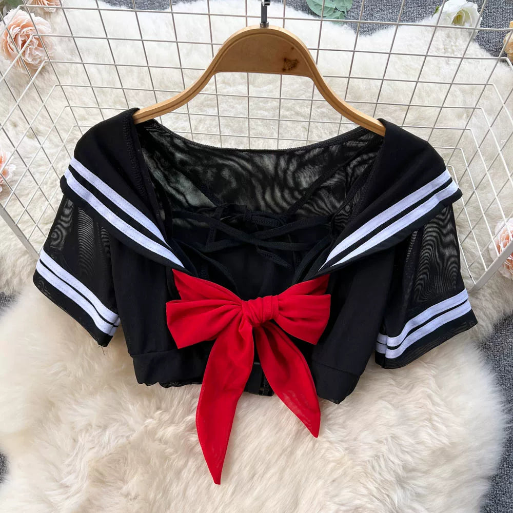 CHILLGIO-Conjunto de pijama con falda de malla transparente para mujer, ropa de dormir, lencería erótica de moda, estilo Preppy japonés