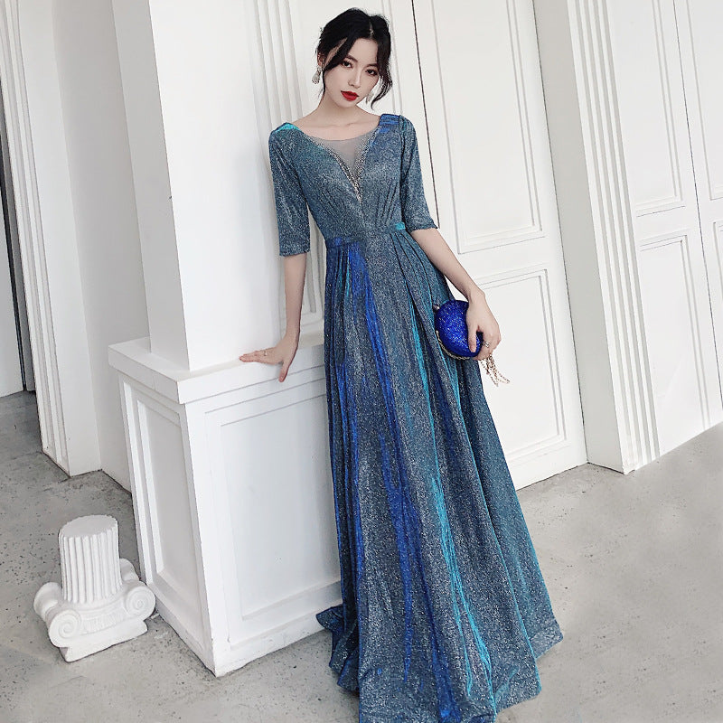 Starry Sky Evening Dress 2025 New Sparkling V Neck Splicing Mesh Host Banquet Chorus Conductor Dress Skirt