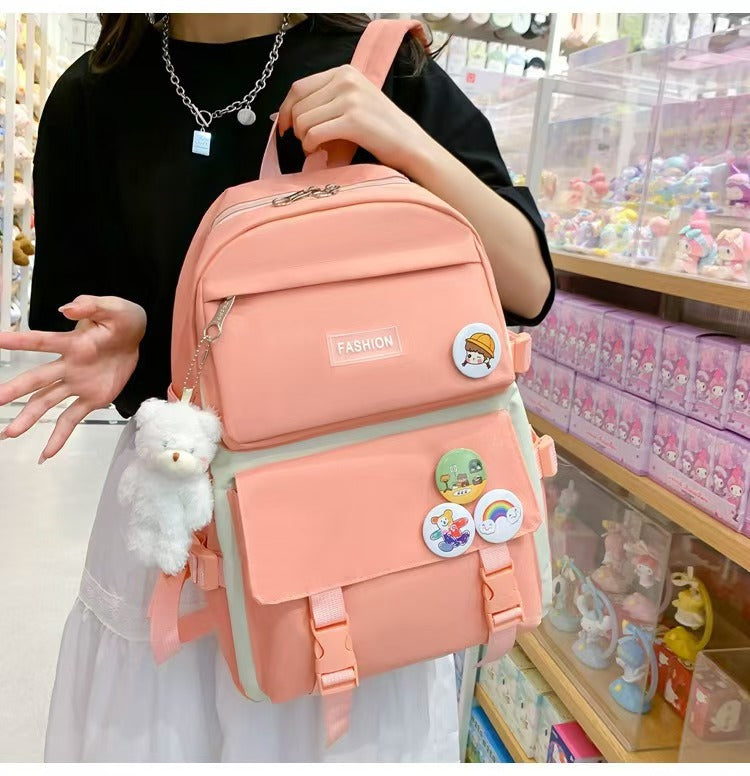 New School Bag Backpack Female Korean Version Canvas Large Capacity Five-Piece Set Middle School Student Backpack Student School Bag Female