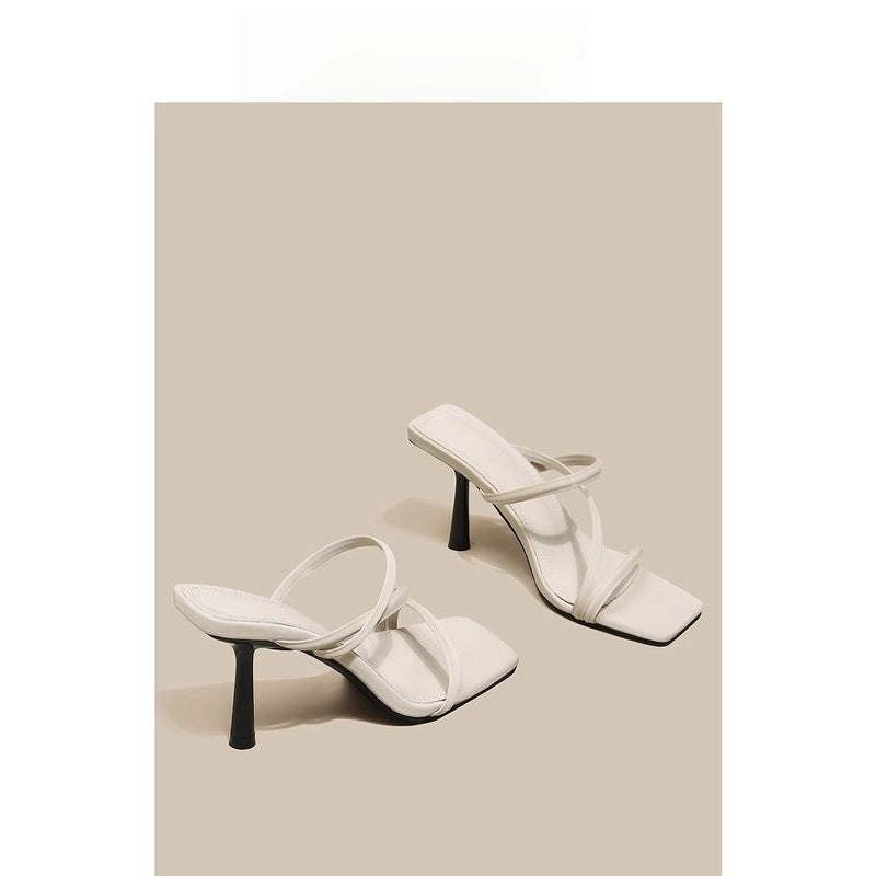 French-Style White High-Heeled Shoes 2026 Summer New Model Thin-Heeled Fairy-Style One-Strap Sandals Versatile Square-Toe Mules