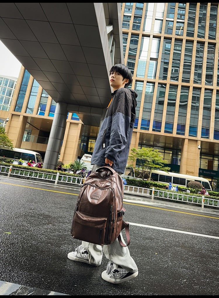 New soft leather retro men's and women's shoulder bag high school students college students large capacity schoolbag trendy cool all-match backpack wholesale