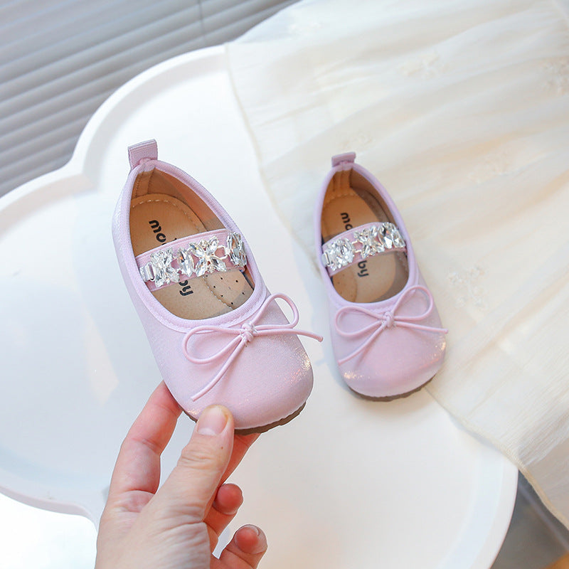 Girls Dance Shoes 2025 Spring and Summer New Large Rhinestone Shiny Princess Shoes Children Cute Bow Single Shoes