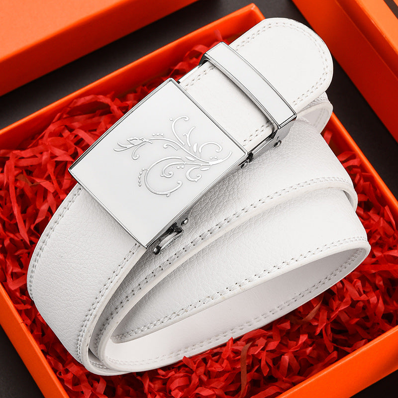 Belt Men's Genuine Leather White Automatic Buckle Belt Letter Trendy Personalized Trouser Belt Korean Version Dropshipping Factory Direct Sales