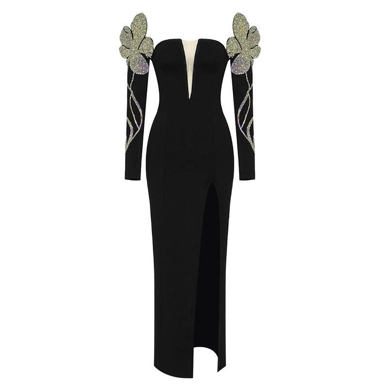 2025 Autumn/Winter New Cross-Border Long Sleeve V-Neck Off-Shoulder Clavicle-Revealing Hot Girl Bodycon Bandage Evening Dress