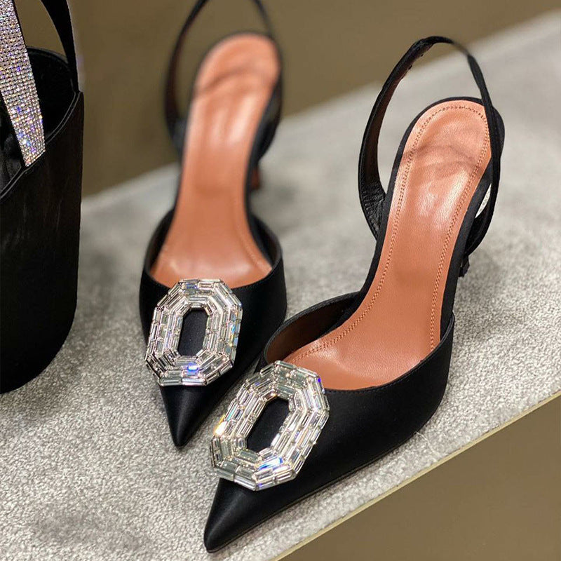 Oval Rhinestone Buckle Toe-Cap Sandals 2025 New Spring European and American Celebrity Pointed Toe Stiletto Heels Hollow Banquet High Heels