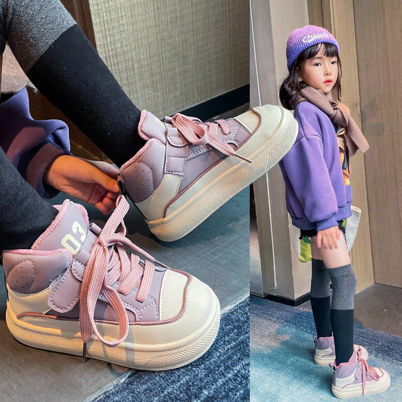 Girls' Sneakers 2025 Autumn and Winter New Style Student Double Cotton Fleece-Lined Warm Boys' High-Top Dad Shoes for Older Children