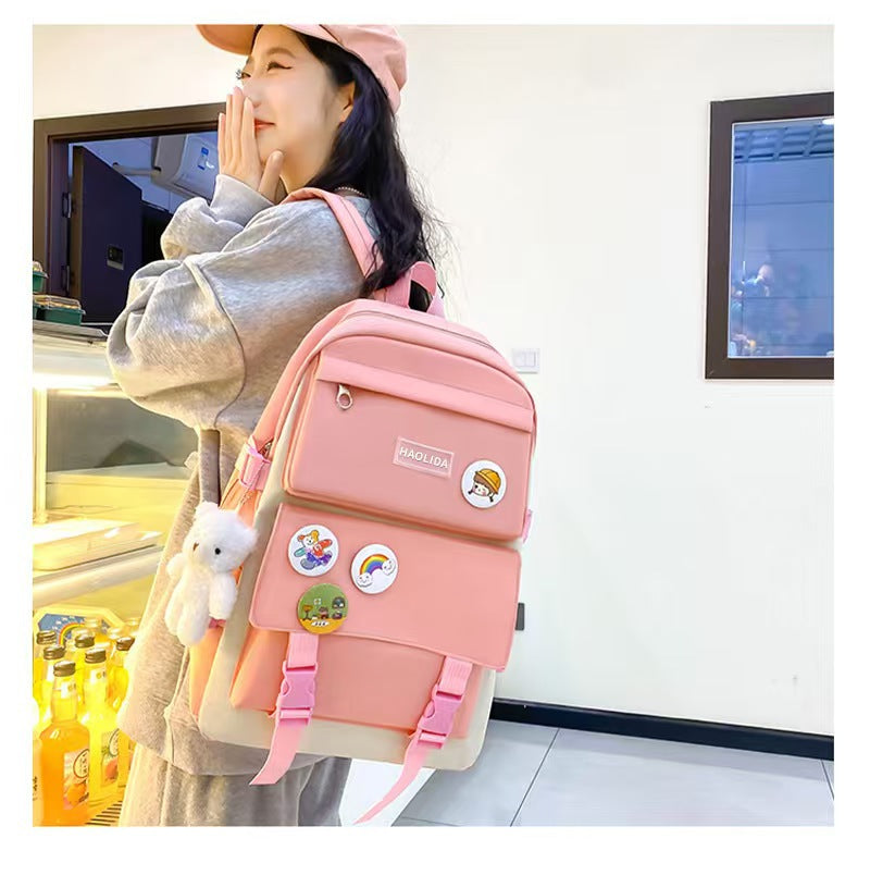 New School Bag Backpack Female Korean Version Canvas Large Capacity Five-Piece Set Middle School Student Backpack Student School Bag Female