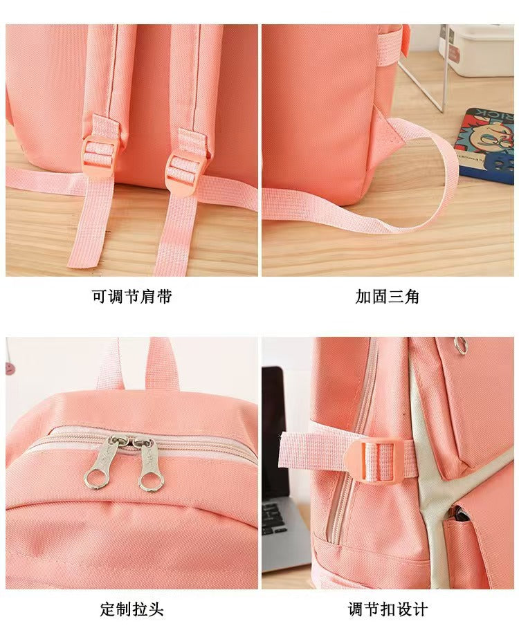 New School Bag Backpack Female Korean Version Canvas Large Capacity Five-Piece Set Middle School Student Backpack Student School Bag Female