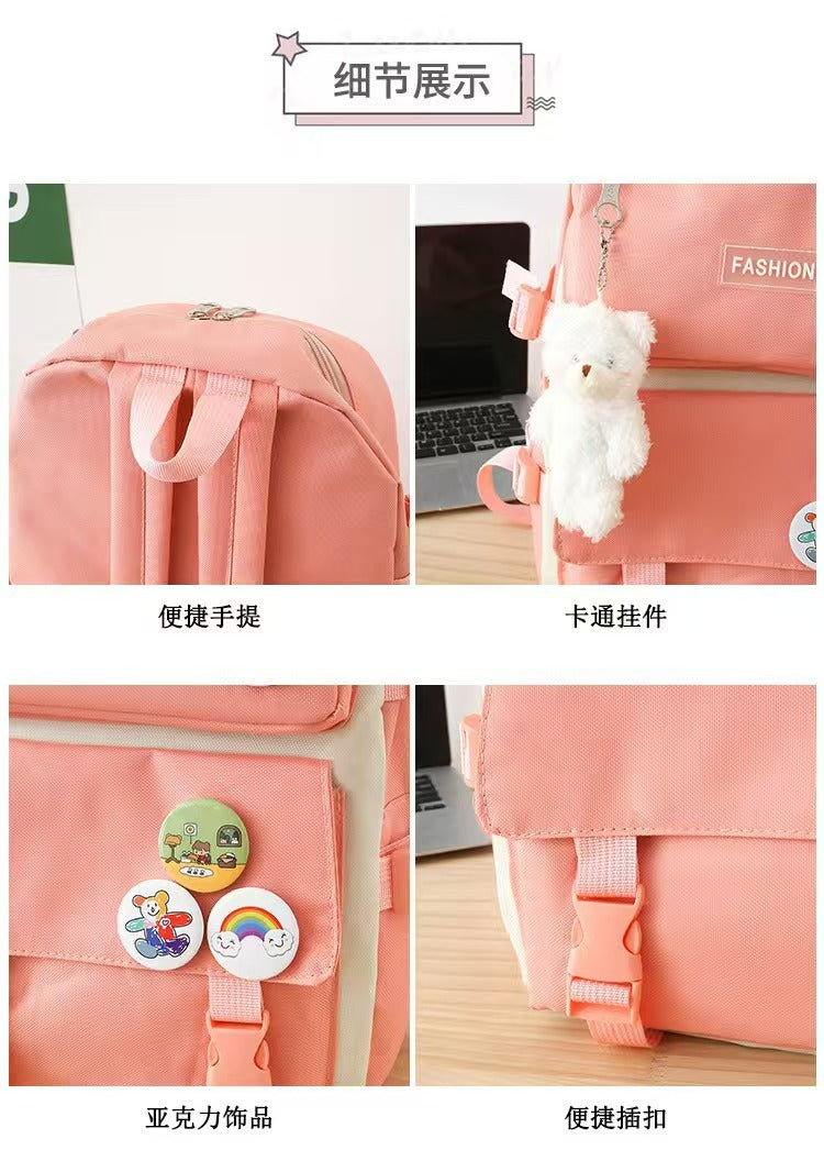 New School Bag Backpack Female Korean Version Canvas Large Capacity Five-Piece Set Middle School Student Backpack Student School Bag Female