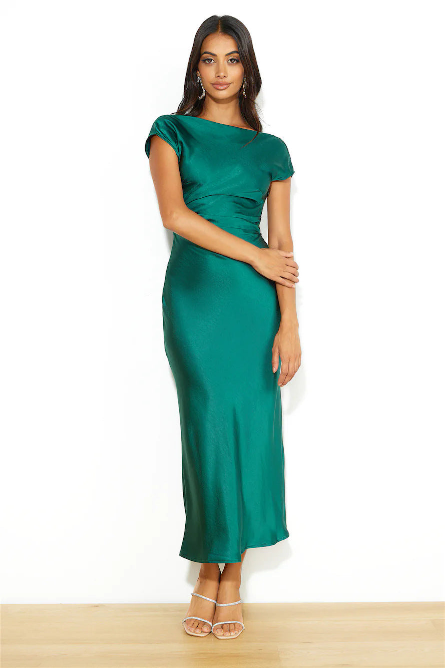European and American Cross-Border Women's Clothing New Solid Color High-End Satin Slim One-Shoulder Sexy Backless Fishtail Dress