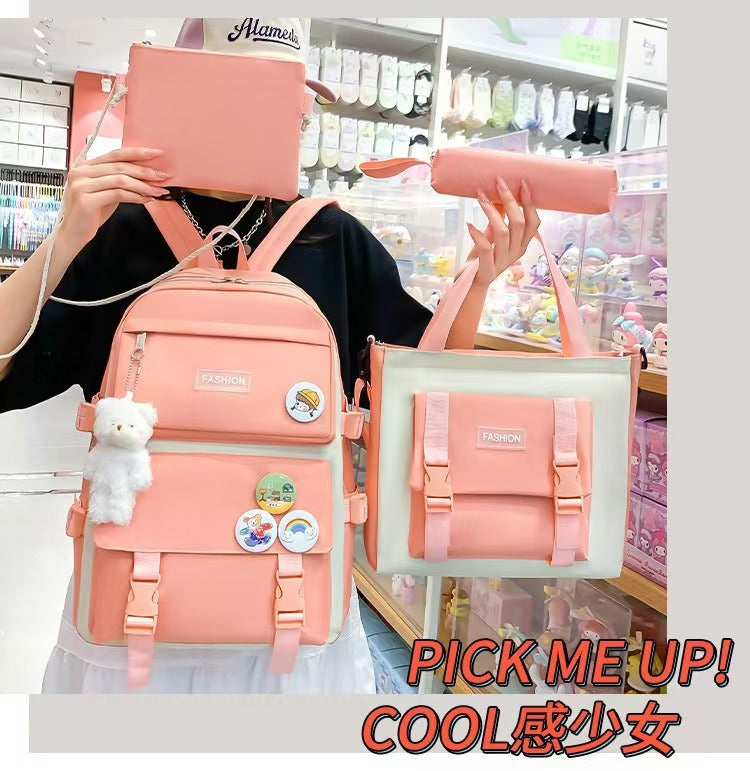 New School Bag Backpack Female Korean Version Canvas Large Capacity Five-Piece Set Middle School Student Backpack Student School Bag Female