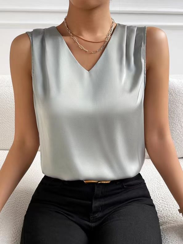 2026 Amazon European and American Cross-Border Women's Clothing Satin Suit Sleeveless Elegant Commuter Vest Base Top