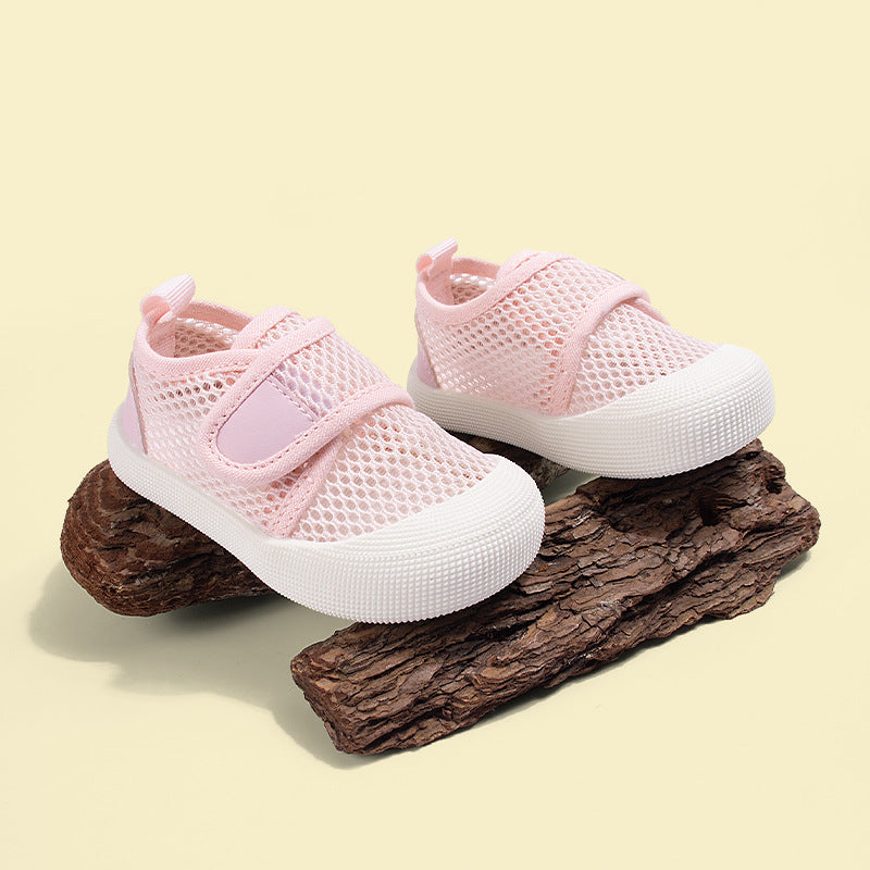 Summer New Children's Shoes with Velcro Straps, Hollow Breathable Mesh Shoes, Casual Soft-Soled Barefoot Shoes, Boys' and Girls' Sports Shoes