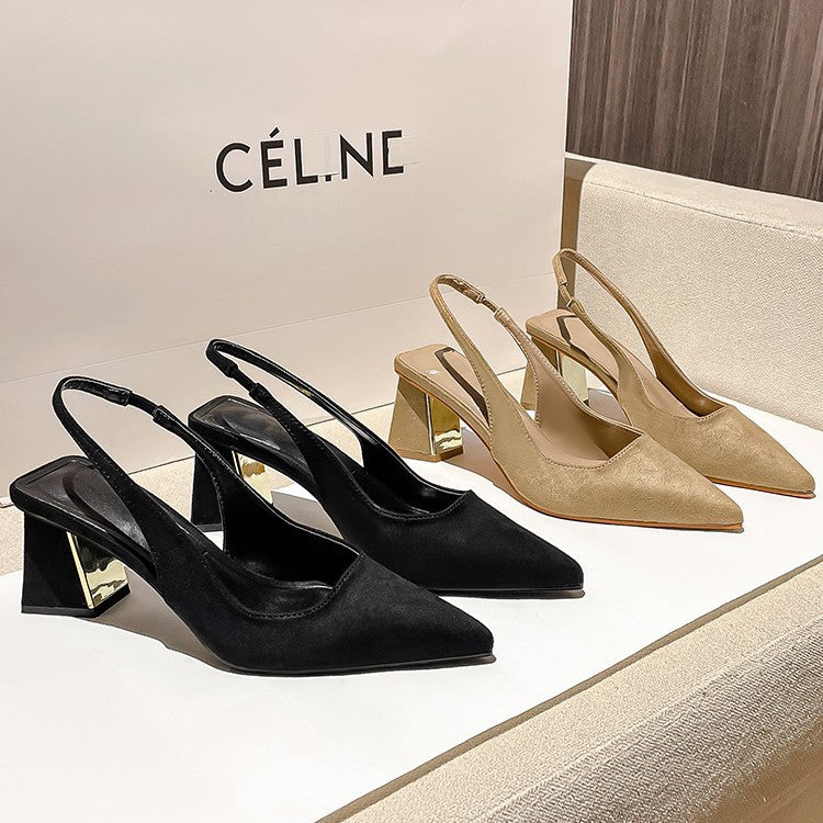 Pointed Toe Slimming Look Suede High-Heeled Shoes, Feminine 2023, New Spring and Summer Thick Heels, Simple Back Hollow Toe Sandals