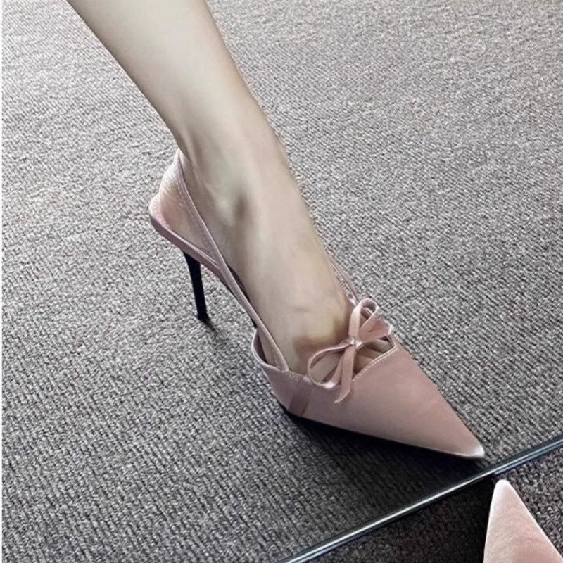 Bow-tied Sandals Women's Summer Gentle Style Dress Cheongsam National Style Elegant Pointed Stiletto Heel Black High-heeled Shoes