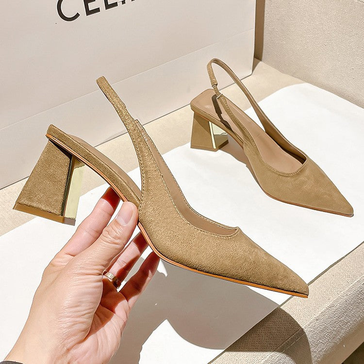 Pointed Toe Slimming Look Suede High-Heeled Shoes, Feminine 2023, New Spring and Summer Thick Heels, Simple Back Hollow Toe Sandals