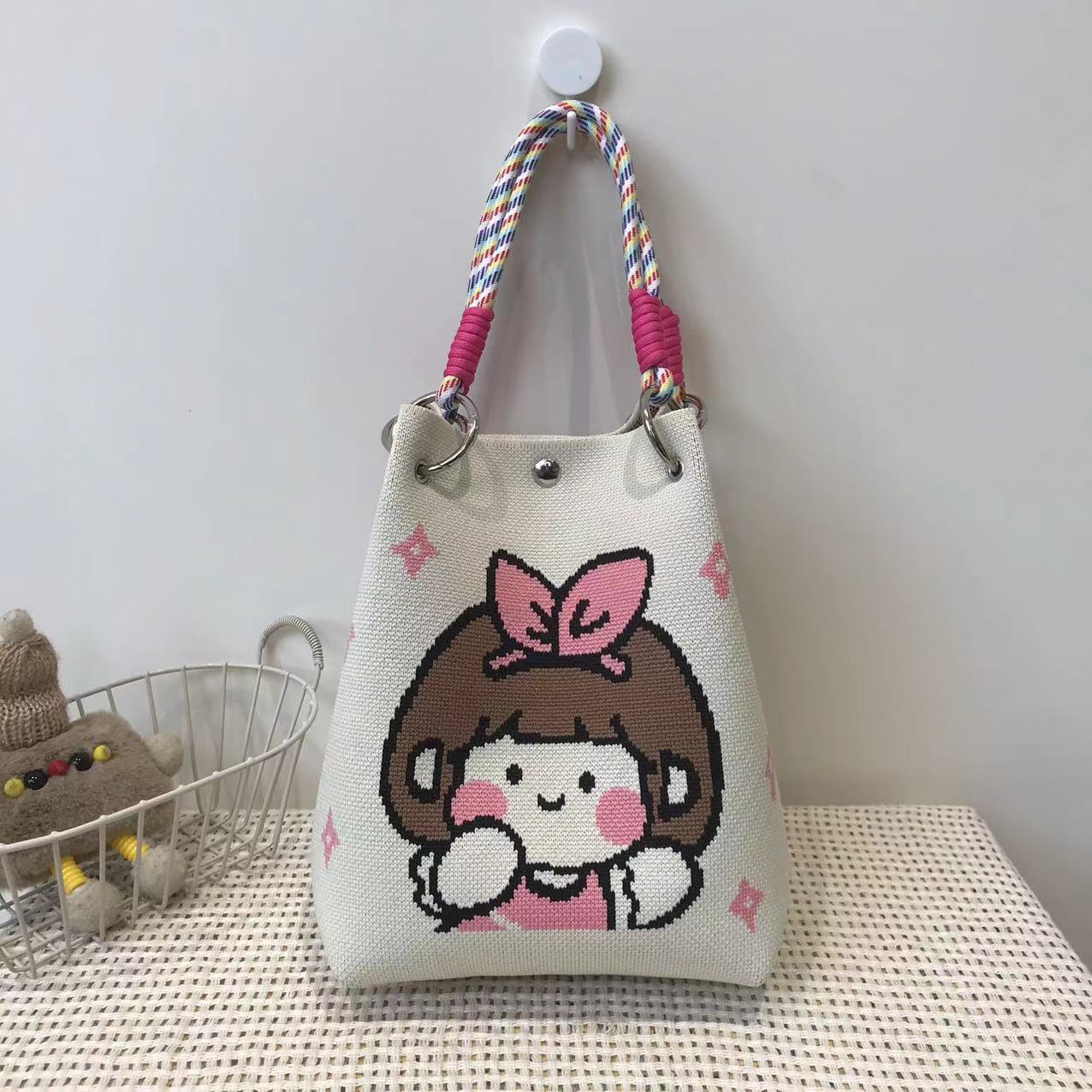 Handbag Women's New Fashion Cute Cartoon Animal Large Capacity Portable Storage Bag Commuter Shoulder Bag Woven Bag