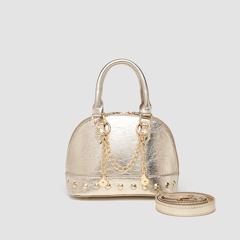 2026 High-End Niche Design Champagne Gold Rivet Handbag Shell-Shaped Small Bag Fashionable Shoulder Crossbody Pillow Bag