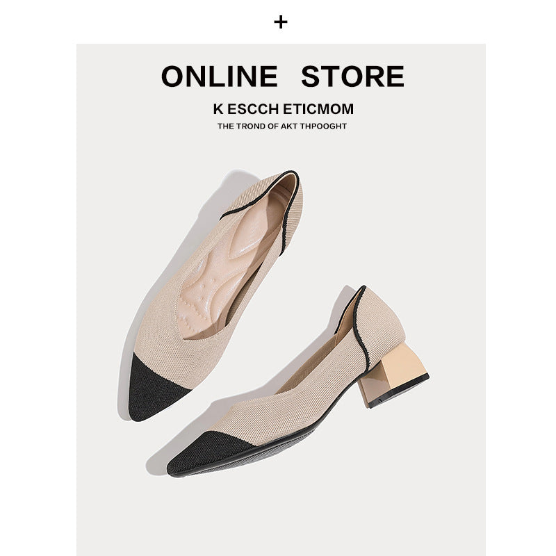 Japanese Princess Shoes Thick Heel 2022 New Pointed Shallow Mouth Single-layer Shoes Middle Heel Knitted Korean Style Women's High Heels