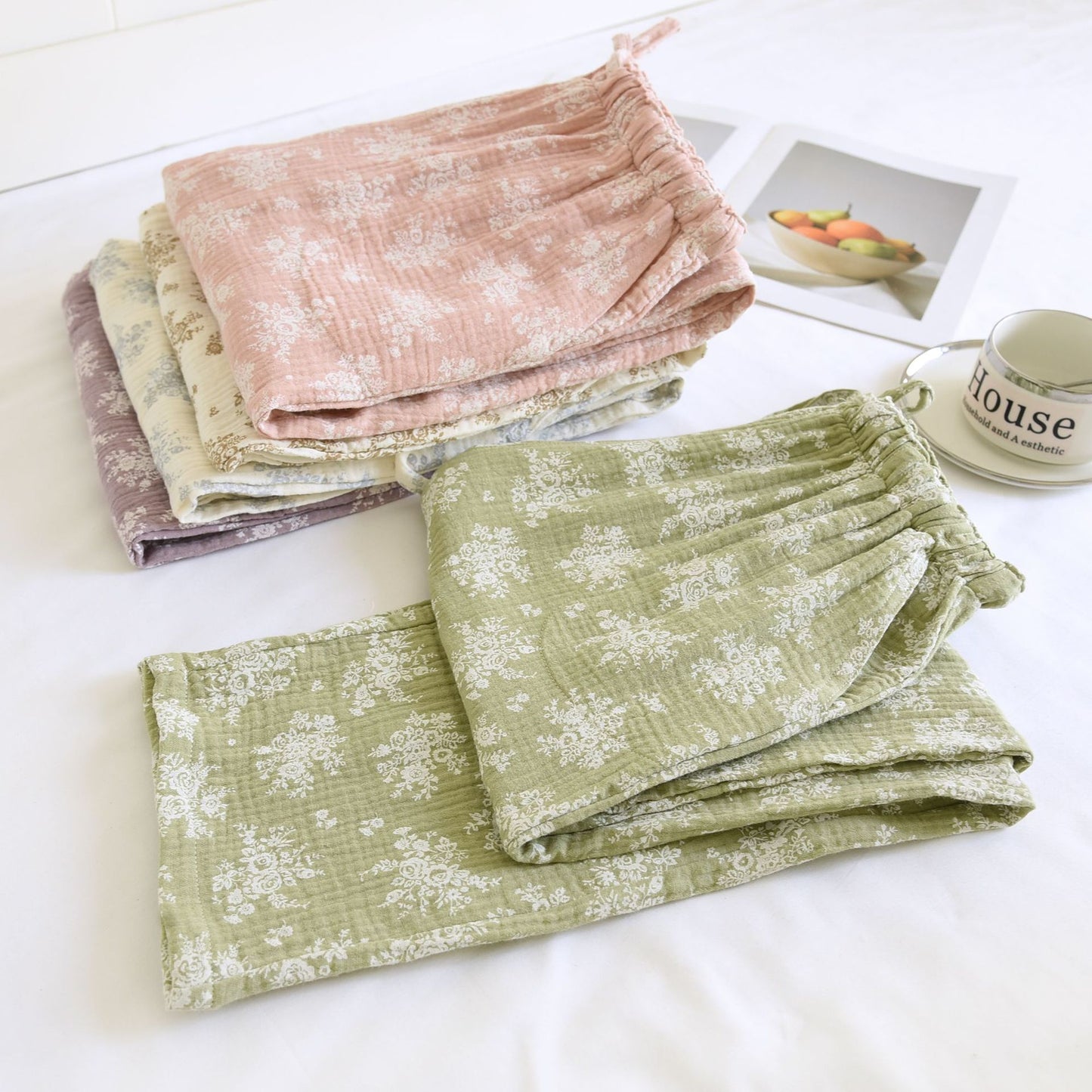 Spring and Autumn New Double-layer Cotton Yarn Home Pants Simple Atmospheric Crepe Trousers for Outer Wearing Four Seasons Thin Breathable