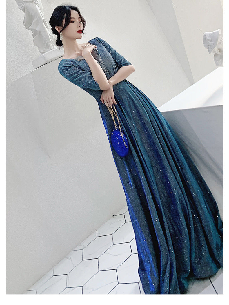 Starry Sky Evening Dress 2025 New Sparkling V Neck Splicing Mesh Host Banquet Chorus Conductor Dress Skirt