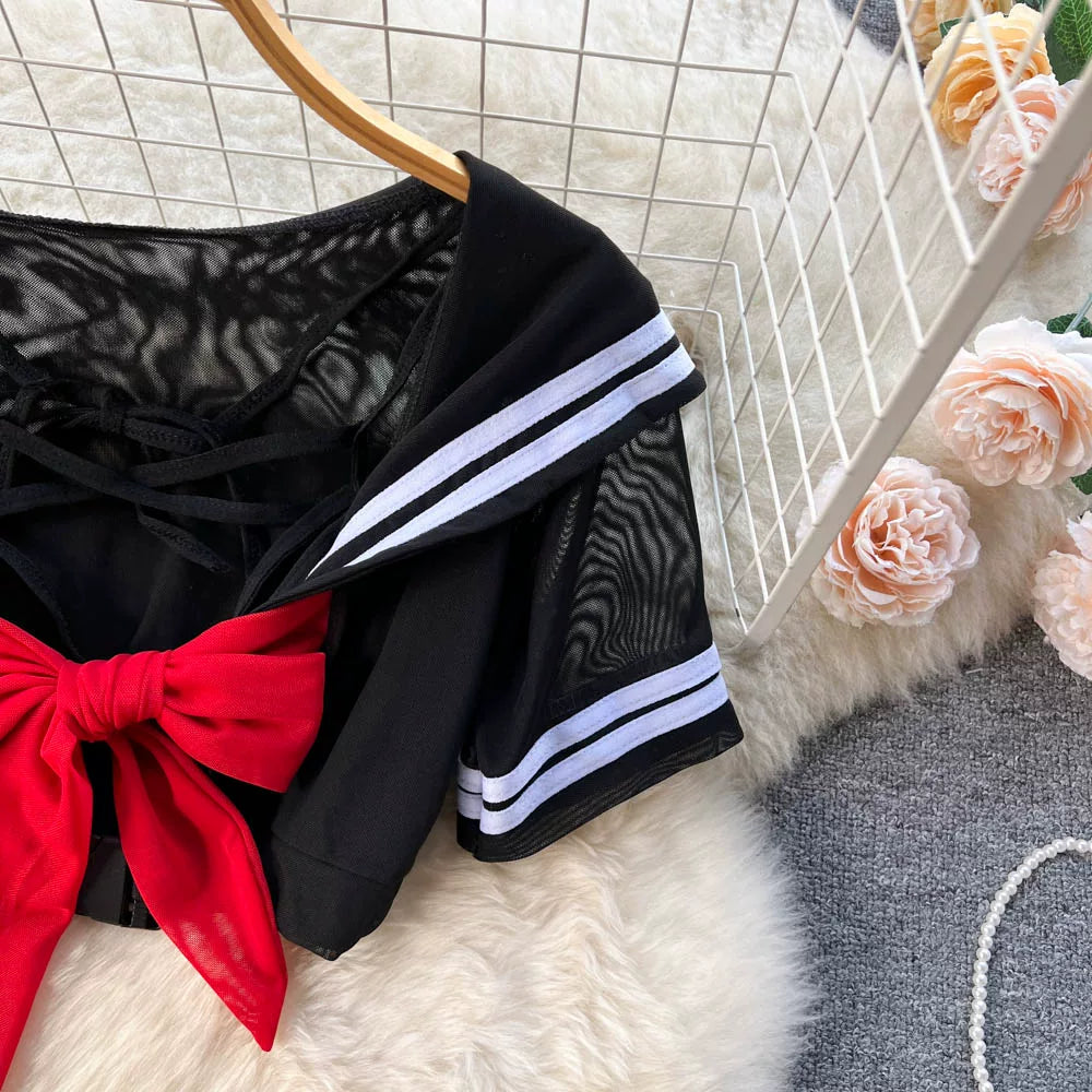 CHILLGIO-Conjunto de pijama con falda de malla transparente para mujer, ropa de dormir, lencería erótica de moda, estilo Preppy japonés