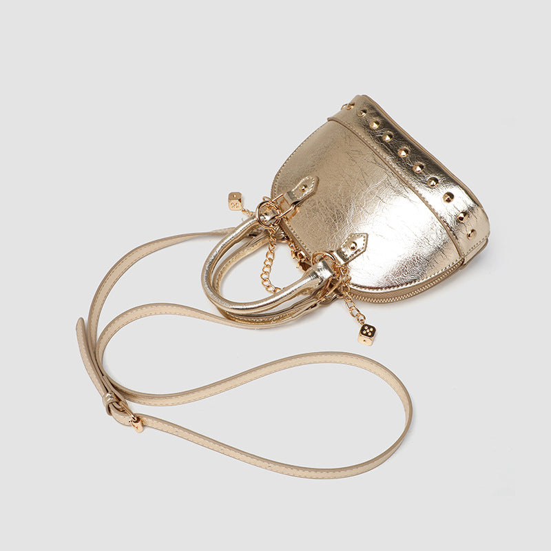 2026 High-End Niche Design Champagne Gold Rivet Handbag Shell-Shaped Small Bag Fashionable Shoulder Crossbody Pillow Bag