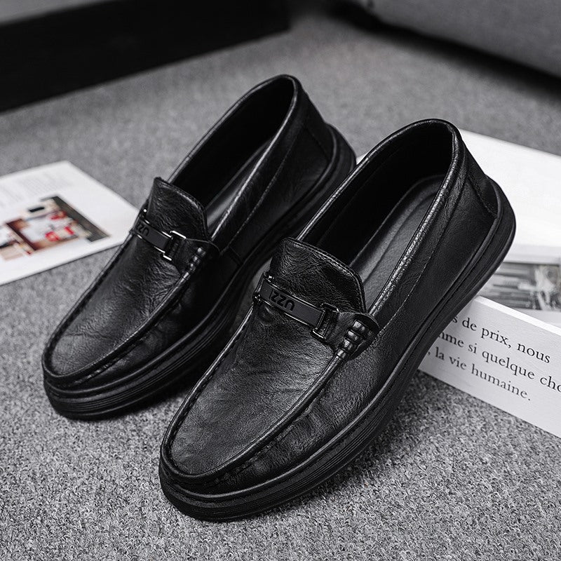 Labor Insurance Work Men's Shoes Summer Business Dress Casual Leather Shoes Men's Slip-on Lazy Soft Bottom Bean Shoes Black