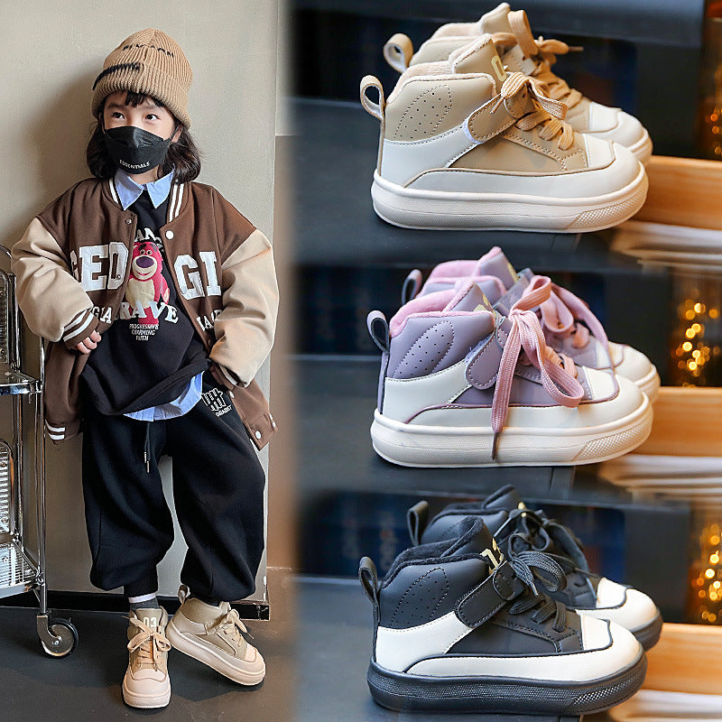 Girls' Sneakers 2025 Autumn and Winter New Style Student Double Cotton Fleece-Lined Warm Boys' High-Top Dad Shoes for Older Children