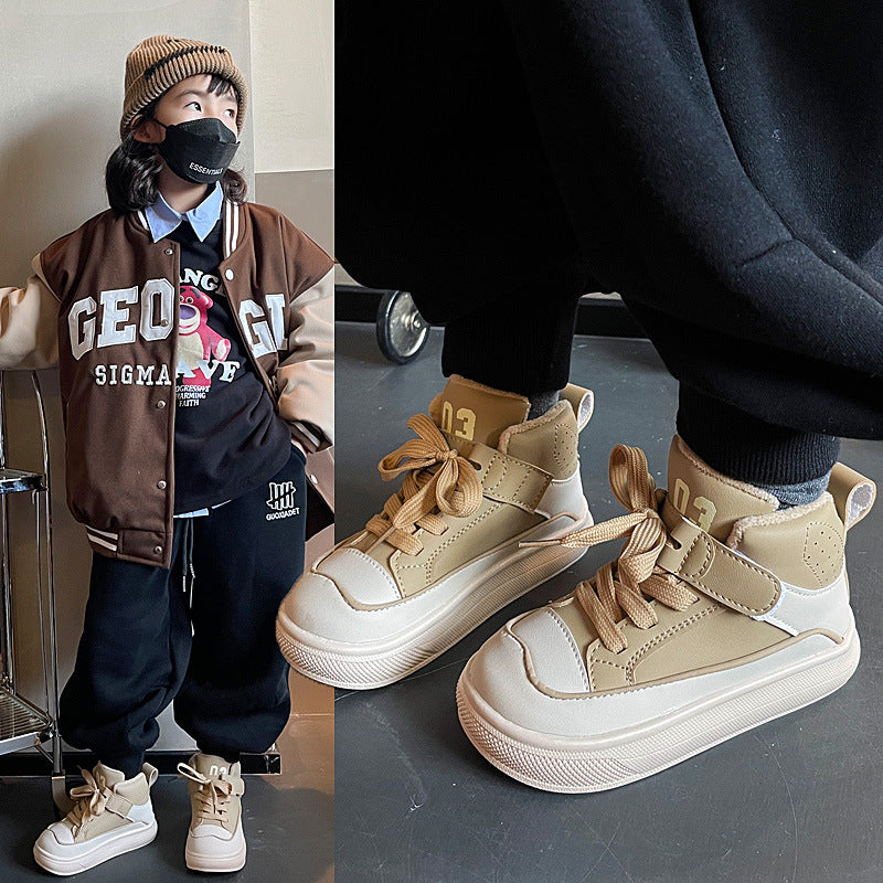 Girls' Sneakers 2025 Autumn and Winter New Style Student Double Cotton Fleece-Lined Warm Boys' High-Top Dad Shoes for Older Children