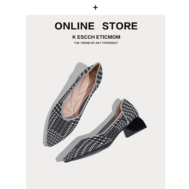 Japanese Princess Shoes Thick Heel 2022 New Pointed Shallow Mouth Single-layer Shoes Middle Heel Knitted Korean Style Women's High Heels