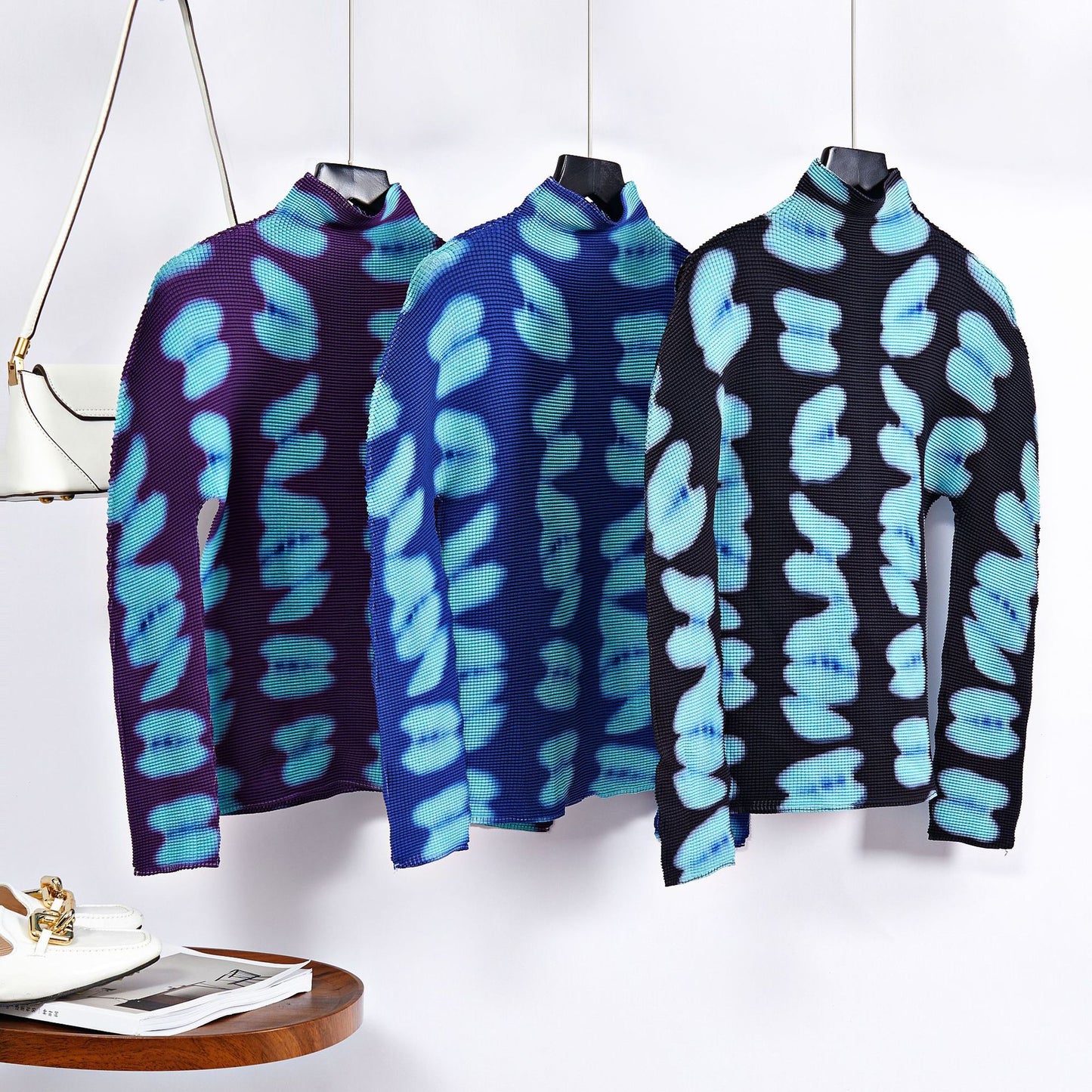 Half-high Collar Printed Base Shirt Autumn Cross-border European Shirt Two-piece Set Slimming Pleated Skirt Fashion suit