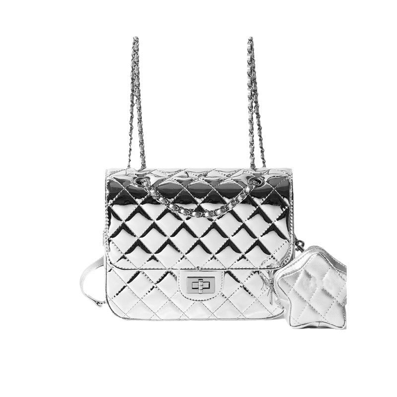 Tweed Style Patent Leather Quilted Star Backpack for Women 2024 New Silver Backpack High-End Genuine Leather Chain School Bag