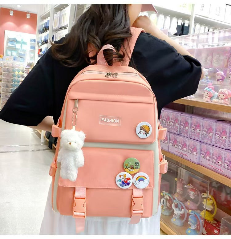 New School Bag Backpack Female Korean Version Canvas Large Capacity Five-Piece Set Middle School Student Backpack Student School Bag Female
