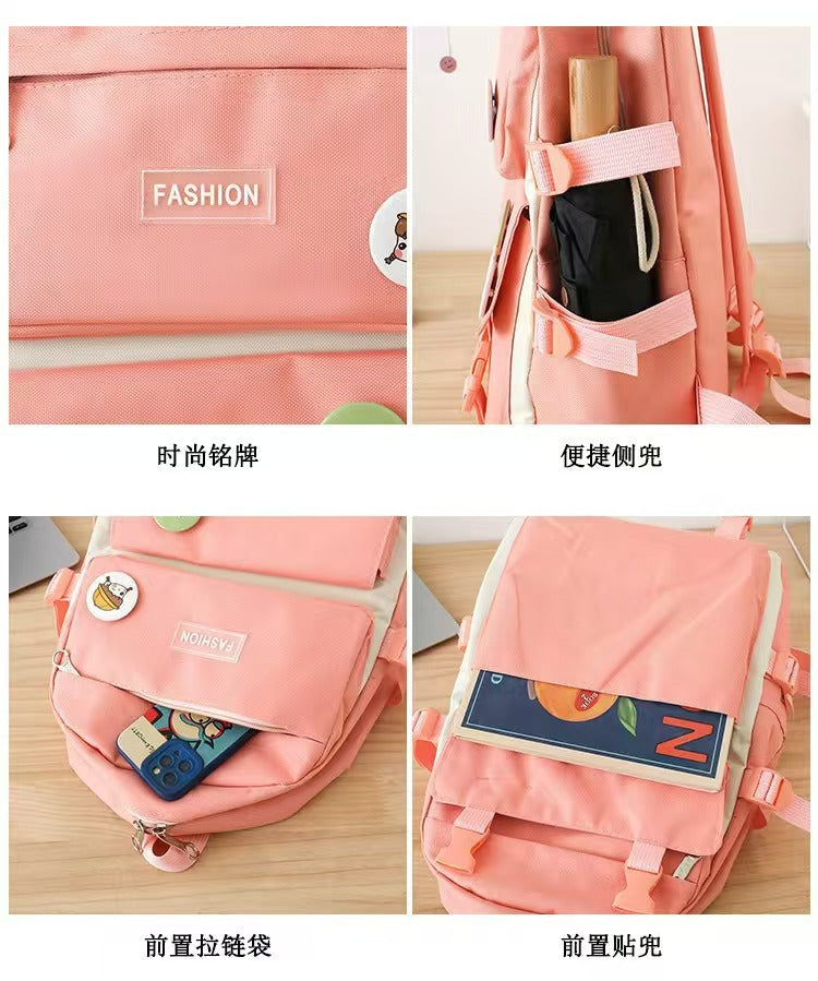 New School Bag Backpack Female Korean Version Canvas Large Capacity Five-Piece Set Middle School Student Backpack Student School Bag Female
