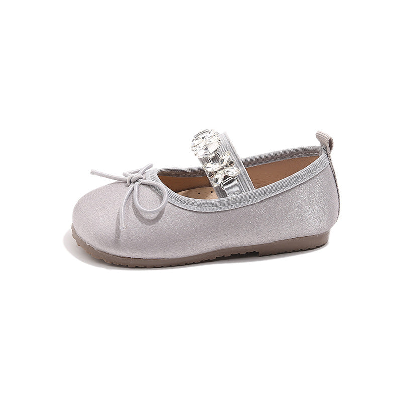 Girls Dance Shoes 2025 Spring and Summer New Large Rhinestone Shiny Princess Shoes Children Cute Bow Single Shoes
