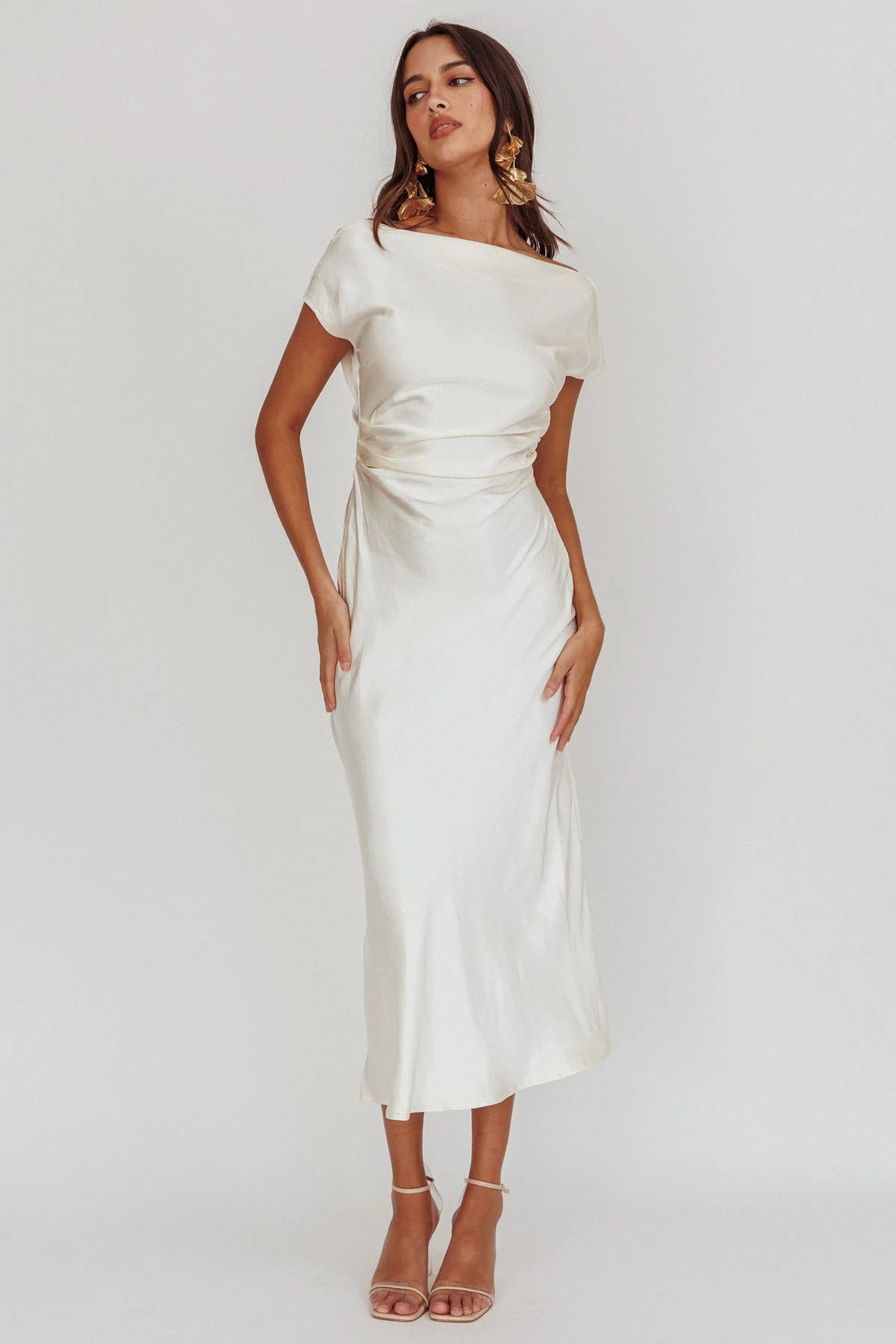 European and American Cross-Border Women's Clothing New Solid Color High-End Satin Slim One-Shoulder Sexy Backless Fishtail Dress