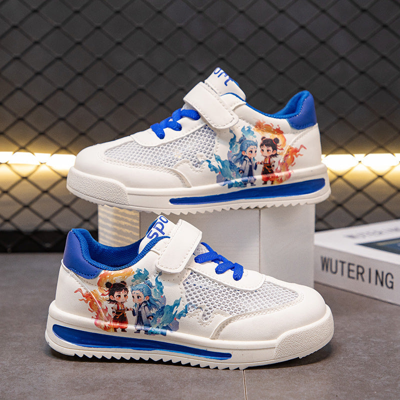 Nezha Ao Bing Children's Cartoon Sports Shoes Summer New Breathable Single Mesh Sneakers Soft Sole Non-Slip Girls' White Shoes