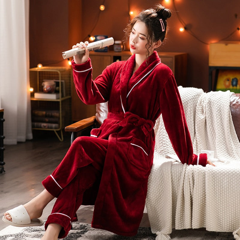 Couple's Pajamas, Autumn and Winter Pajamas Set, Flannel Bathrobe, Coral Velvet Home Clothes, Women's Simple and Casual