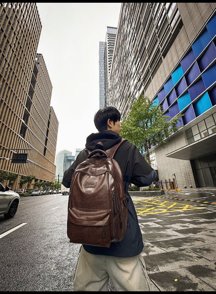 New soft leather retro men's and women's shoulder bag high school students college students large capacity schoolbag trendy cool all-match backpack wholesale