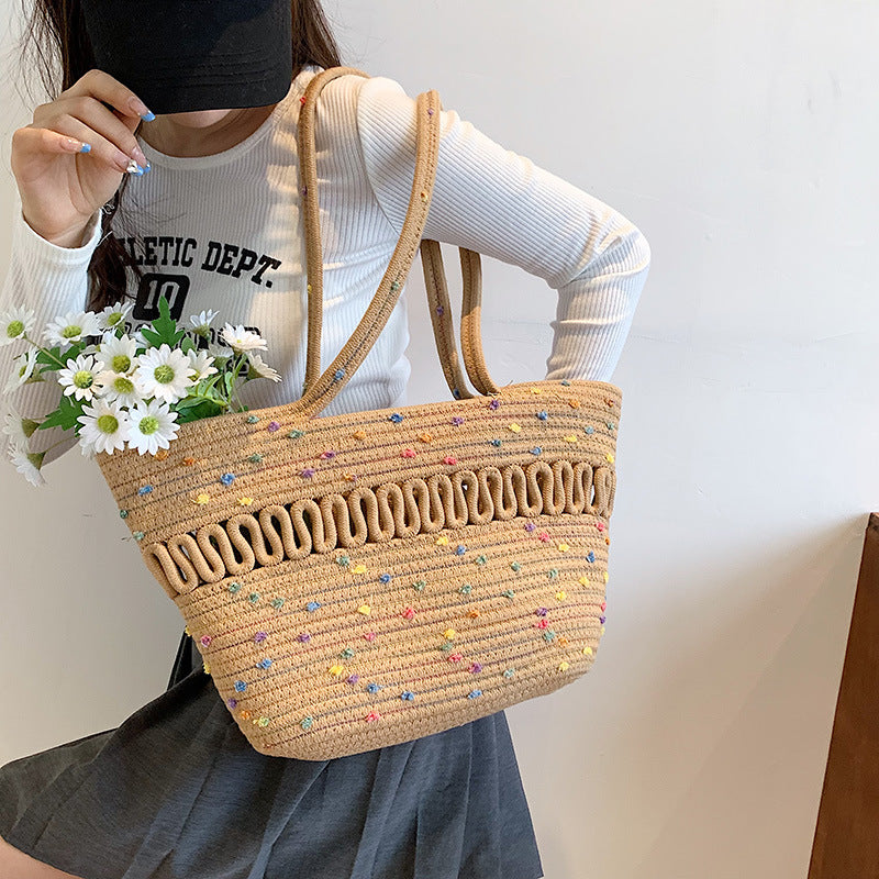 Summer Large Capacity Bag Women's National Style New Trendy Fashionable Simple Women's Bag Internet Trendy All-match Single-shoulder Straw Bucket Bag