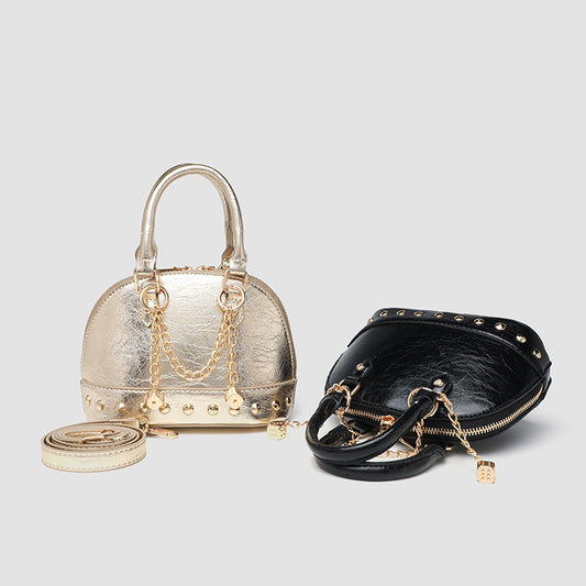2026 High-End Niche Design Champagne Gold Rivet Handbag Shell-Shaped Small Bag Fashionable Shoulder Crossbody Pillow Bag